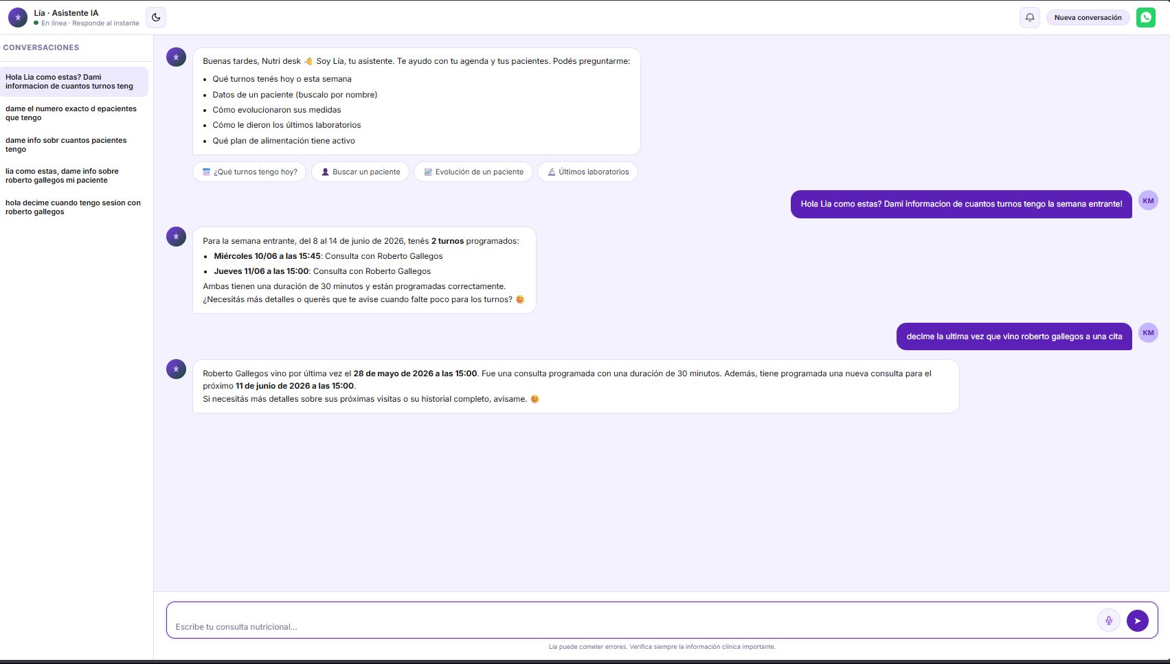 Asistente de IA Lía de NutriDesk respondiendo consultas del consultorio