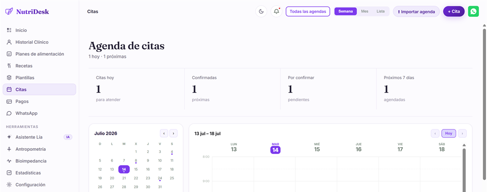 Agenda de citas de NutriDesk con reservas online