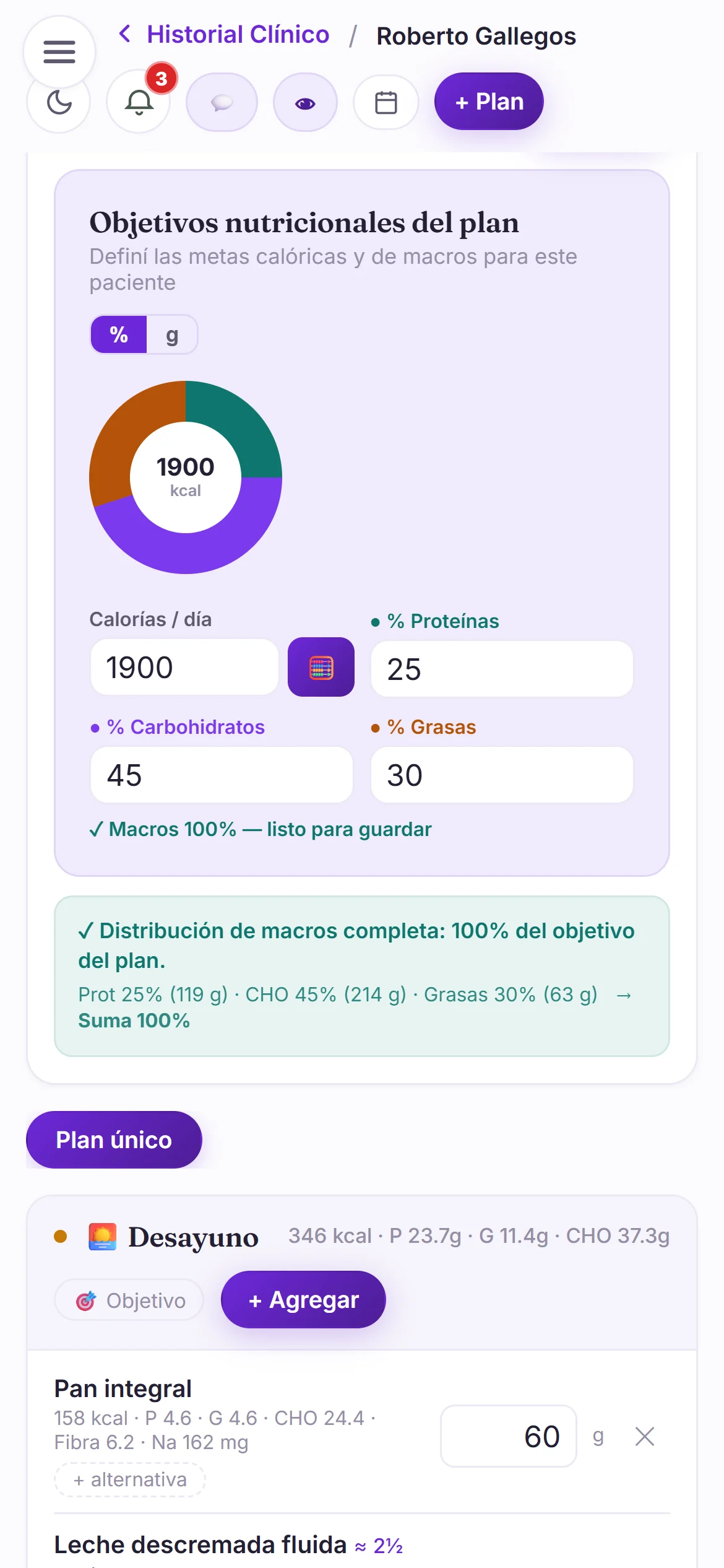 Cálculo automático de calorías y macros del plan contra el objetivo