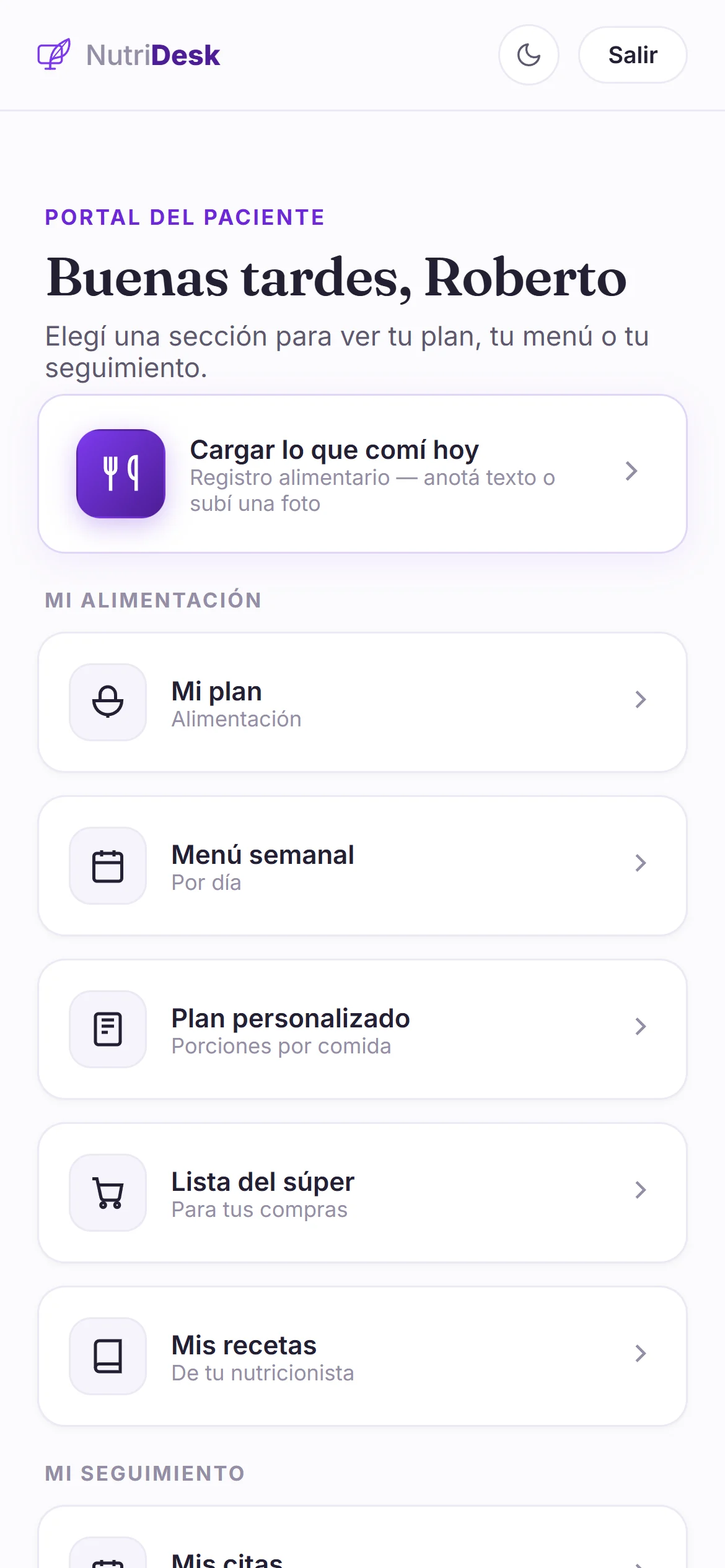 Portal del paciente con todas sus secciones