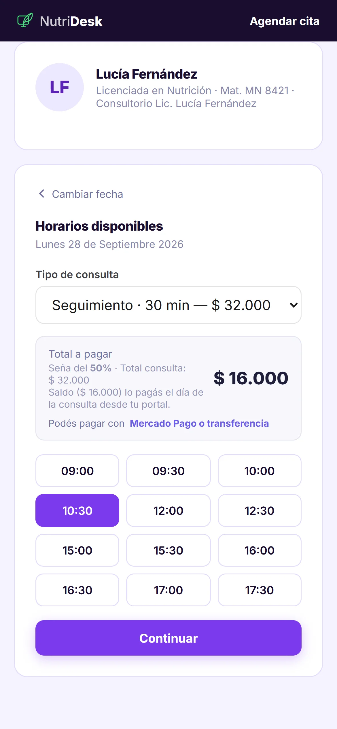 Reserva de turno online: servicio, precio, seña y horarios disponibles
