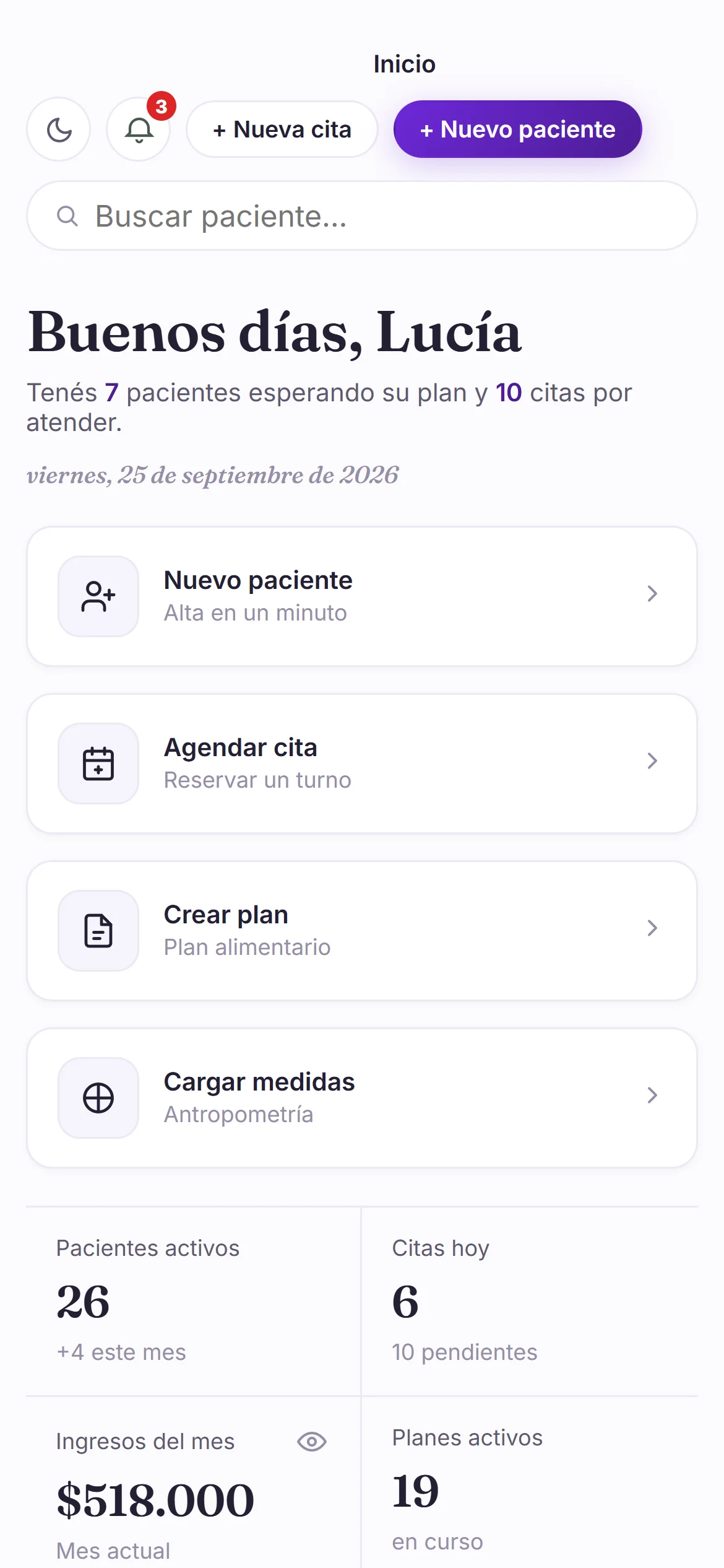 Inicio de NutriDesk en el celular: saludo, accesos rápidos, pacientes activos, ingresos y citas de hoy