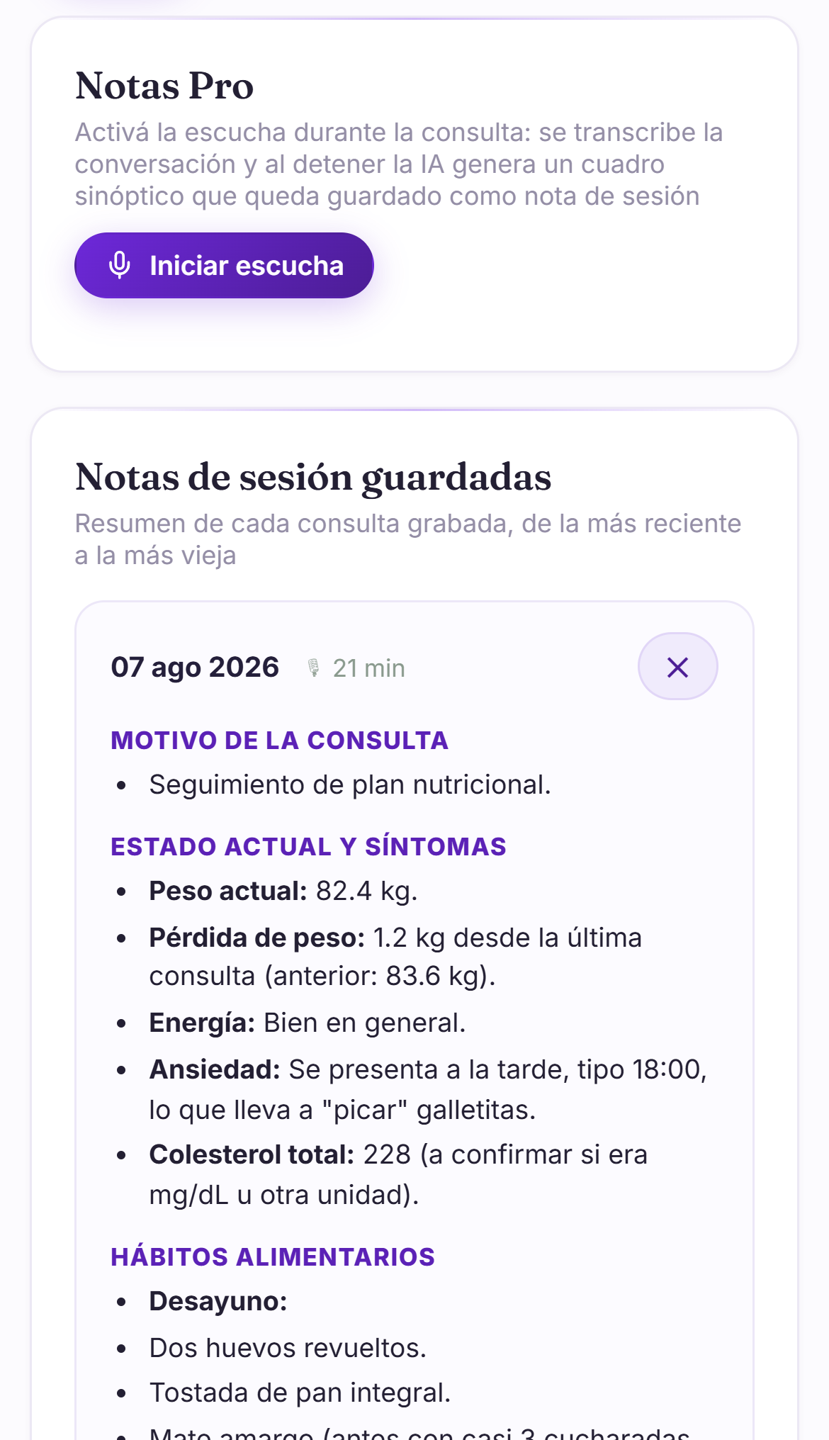 Notas Pro de NutriDesk: la nota de sesión generada por la IA, guardada en la ficha del paciente