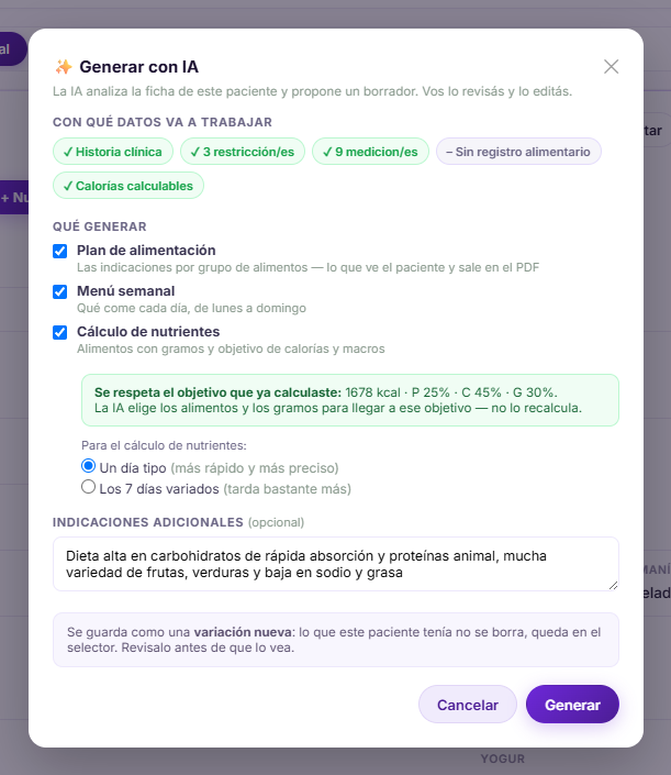 NutriDesk generando un plan con IA: escanea la ficha del paciente y propone plan, menú semanal y cálculo de nutrientes