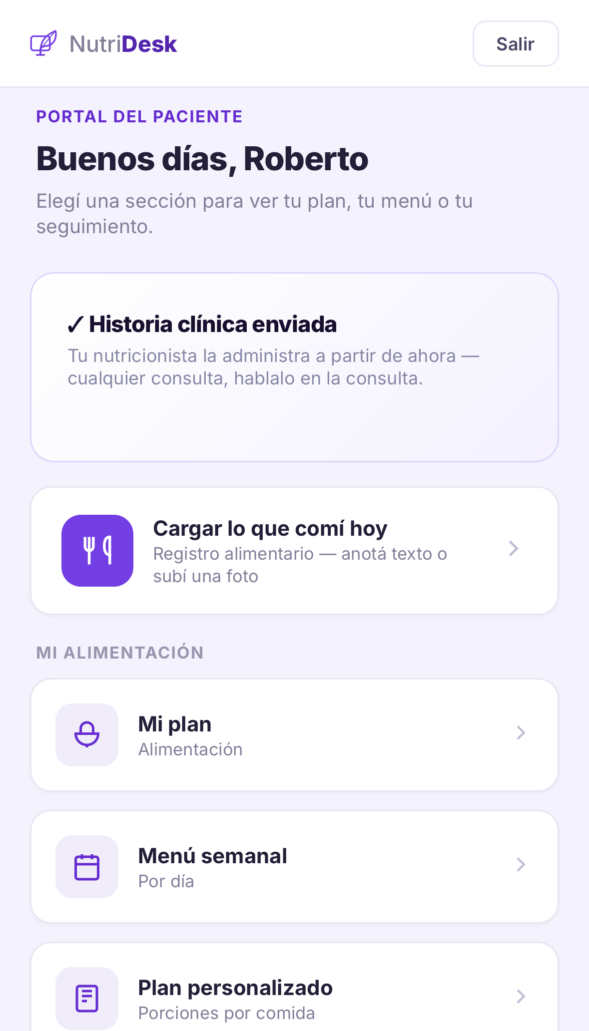 Portal del paciente de NutriDesk en el celular, con su plan, su menú y su registro alimentario