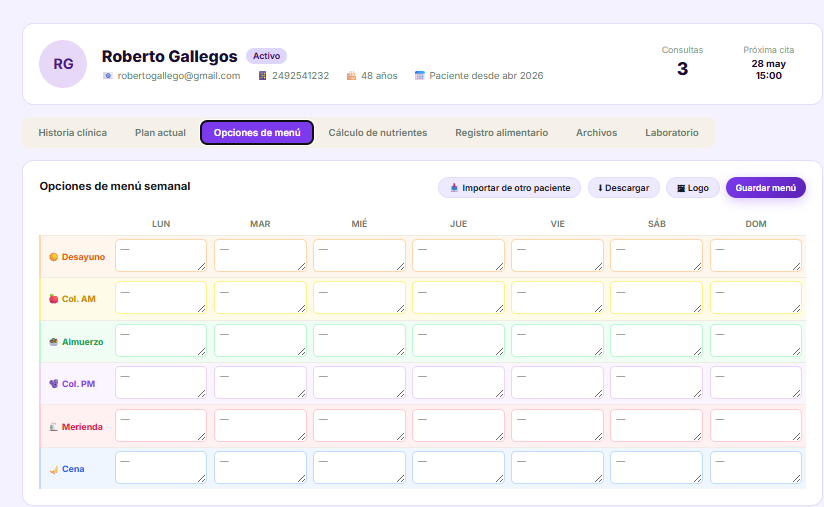 Men&uacute; semanal en NutriDesk