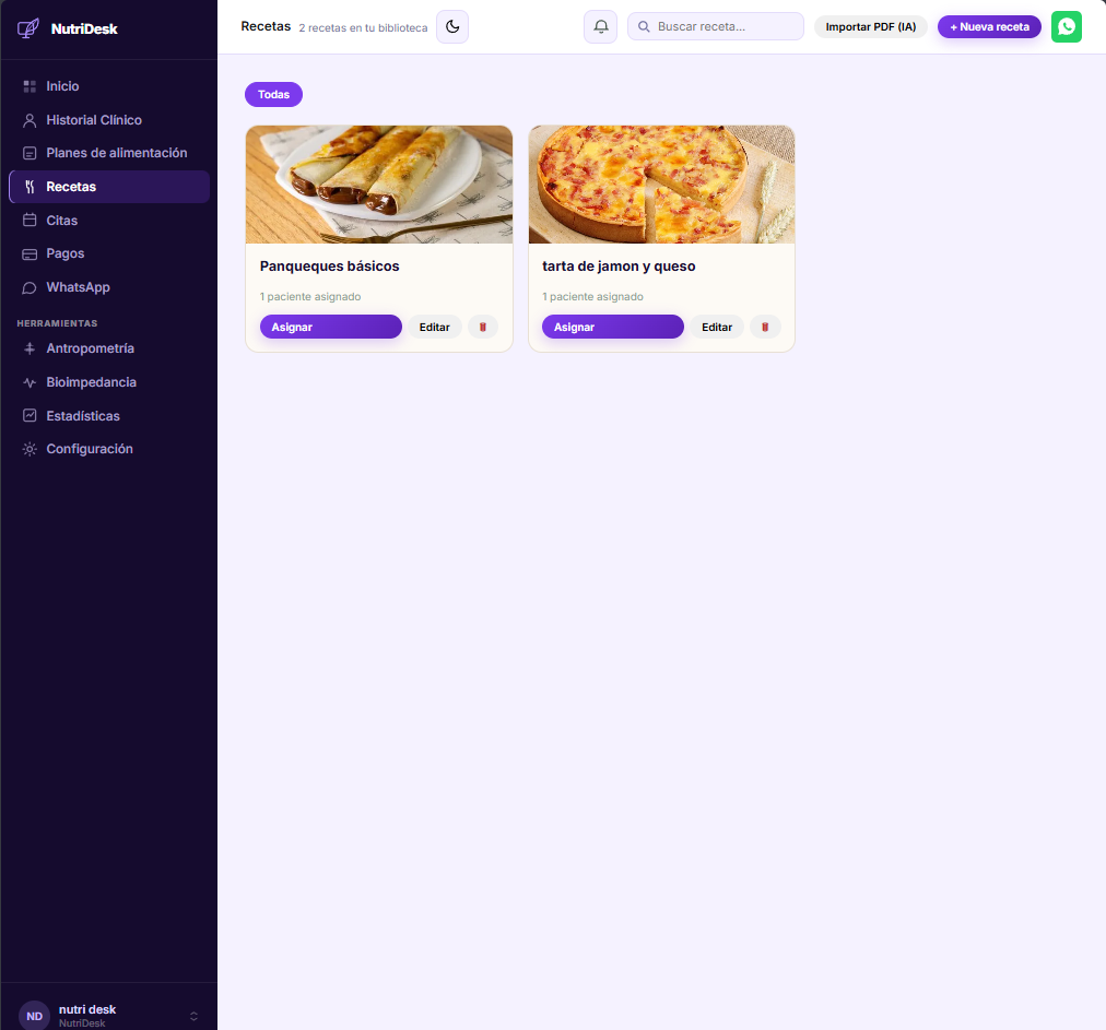 Recetario de NutriDesk para asignar recetas al plan o al portal del paciente