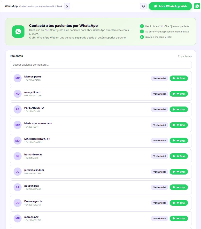 WhatsApp integrado en NutriDesk